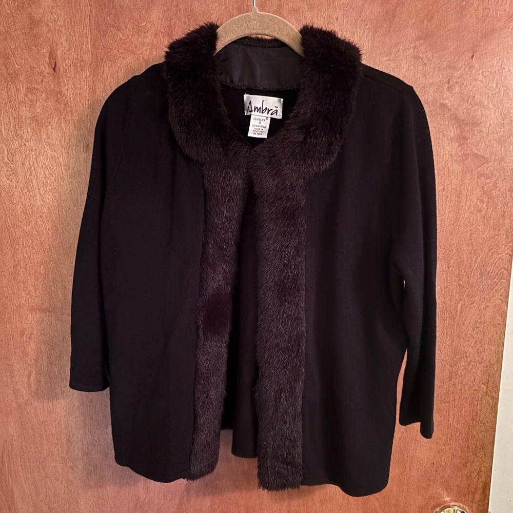 Vintage Black Faux Fur Trim Cardigan Size S